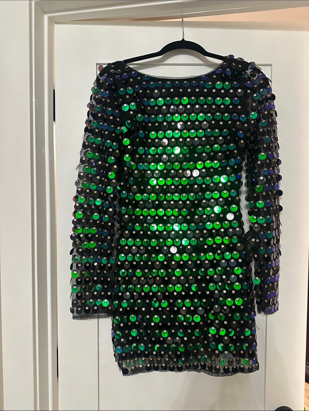 Lulu's Black Mini Dress with Green Iridescent Sequins